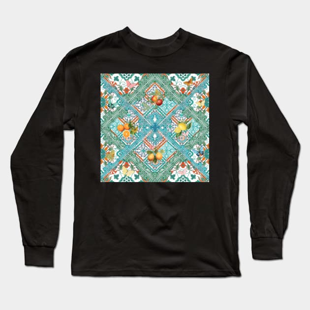 Mediterranean teal tiles, Italian citrus fruit, oranges and lemons Long Sleeve T-Shirt by Bloomartgallery